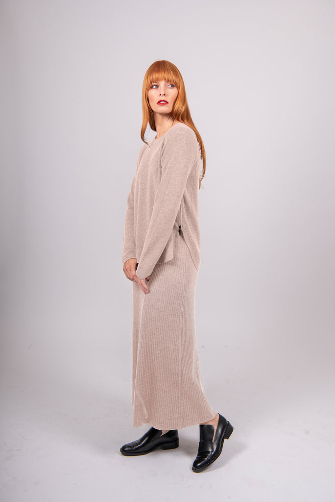 Bridge Lord Flared Hem Knit Skirt-Oatmeal