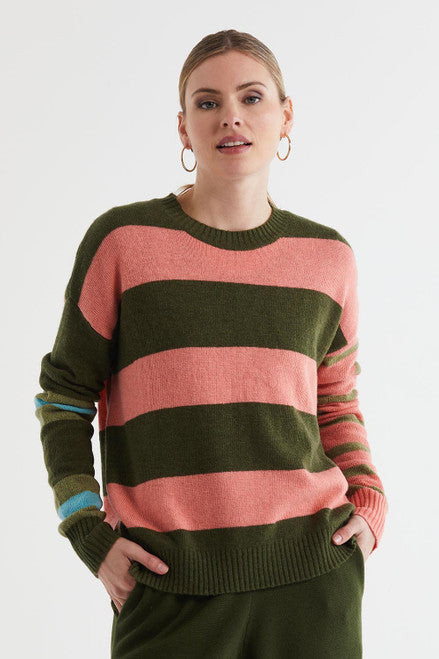 LD+Co - Lambswool Stripe Crew - Olive