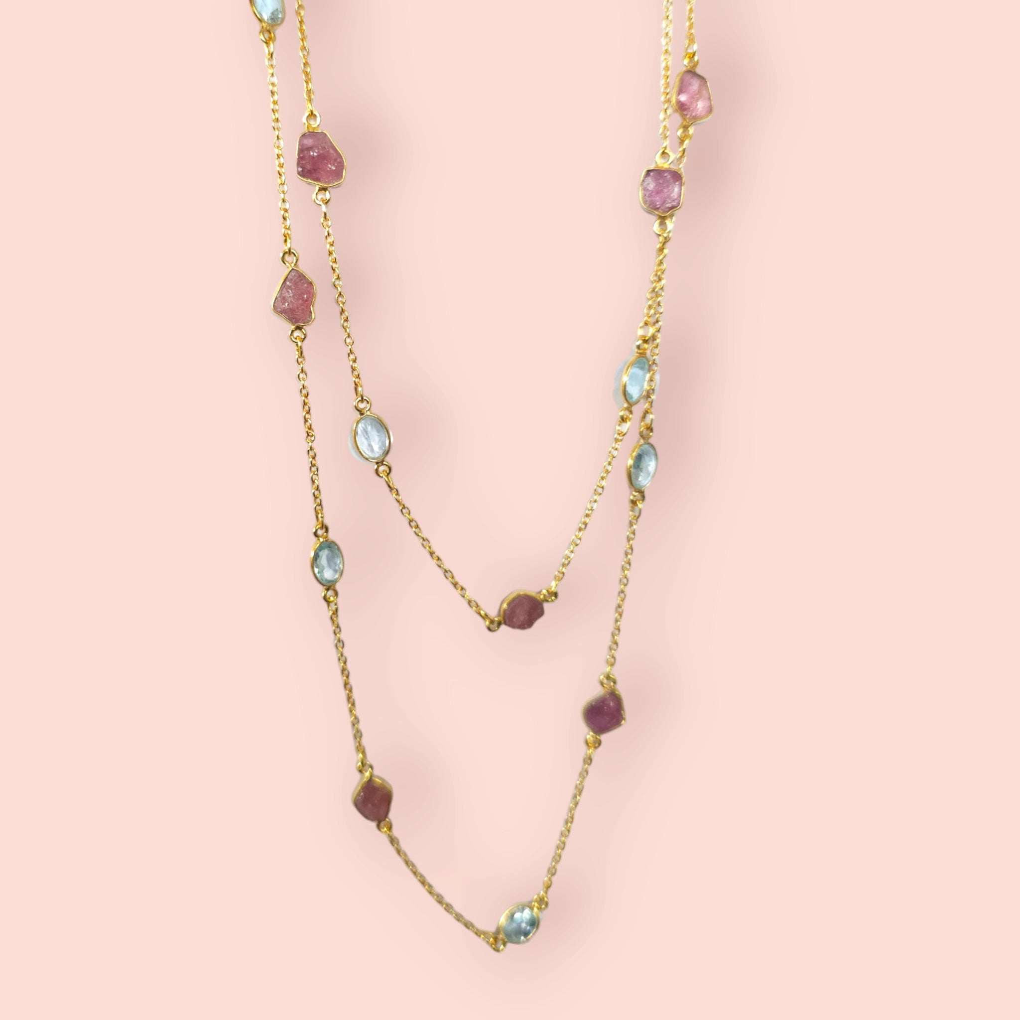 MCJewels - Longstation Necklace _ Pink Tourmaline and Blue Topaz
