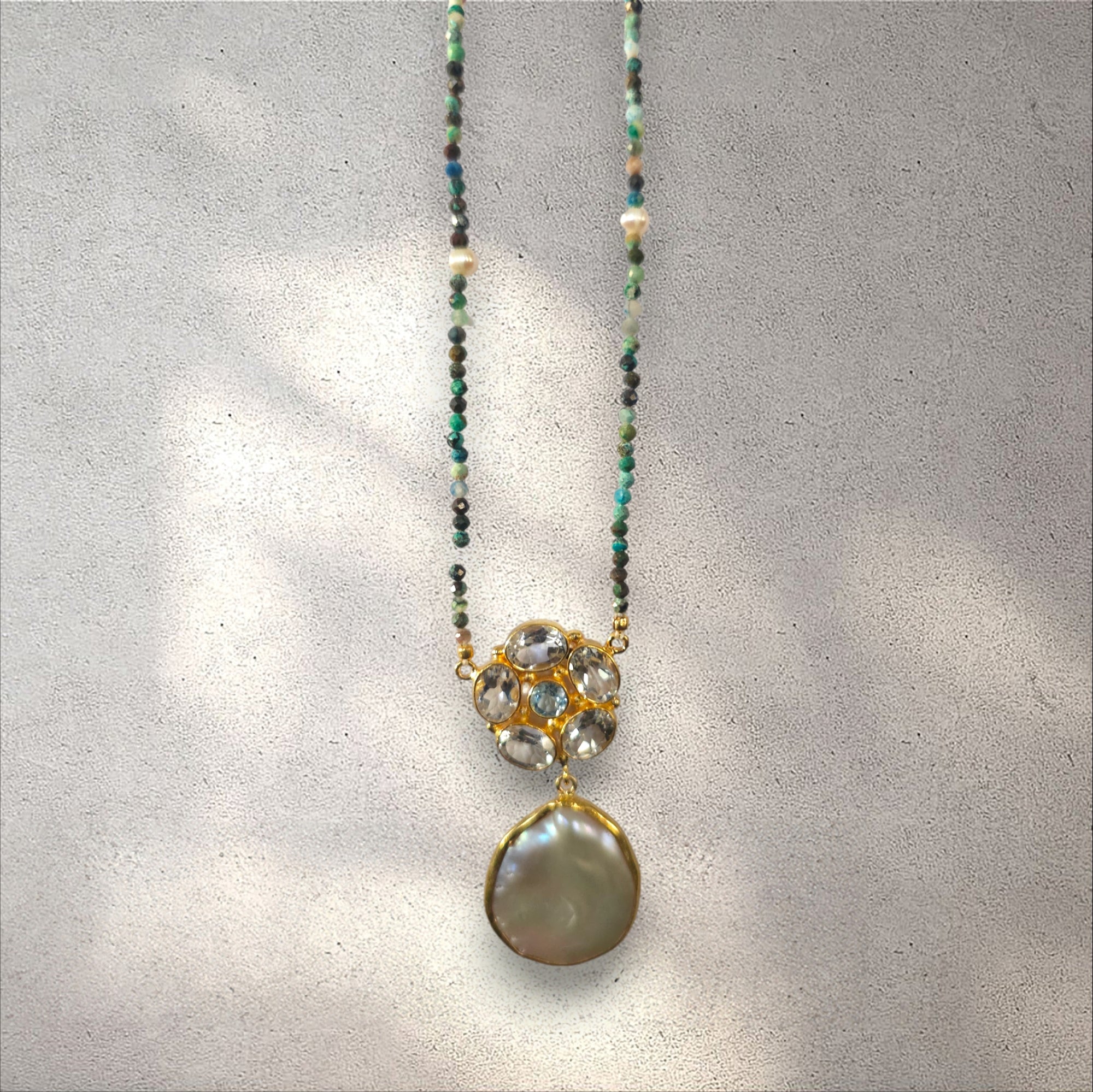 MCJewels Longstation Necklace - Blue Topaz And Pearl Pendant