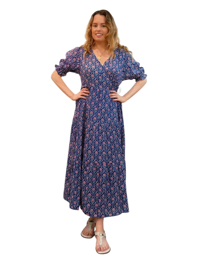 Melange - Boho Chic Paisley Wrap Maxi Dress Blue & Pink Print Melange - Boho Chic Paisley Wrap Maxi Dress Blue & Pink Print