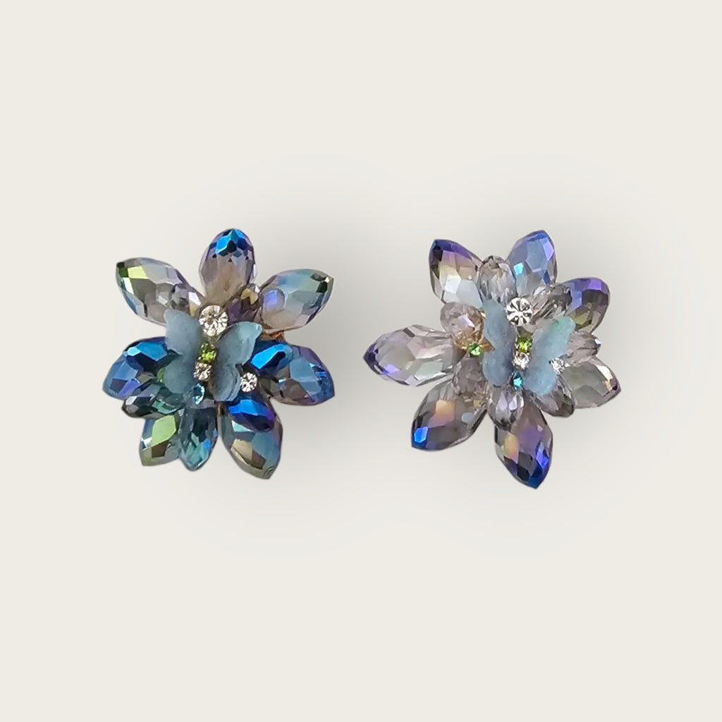 MCLuxe-Celeste Bloom - Iridescent Blue Crystal Flower Butterfly Stud Earrings-R0102951