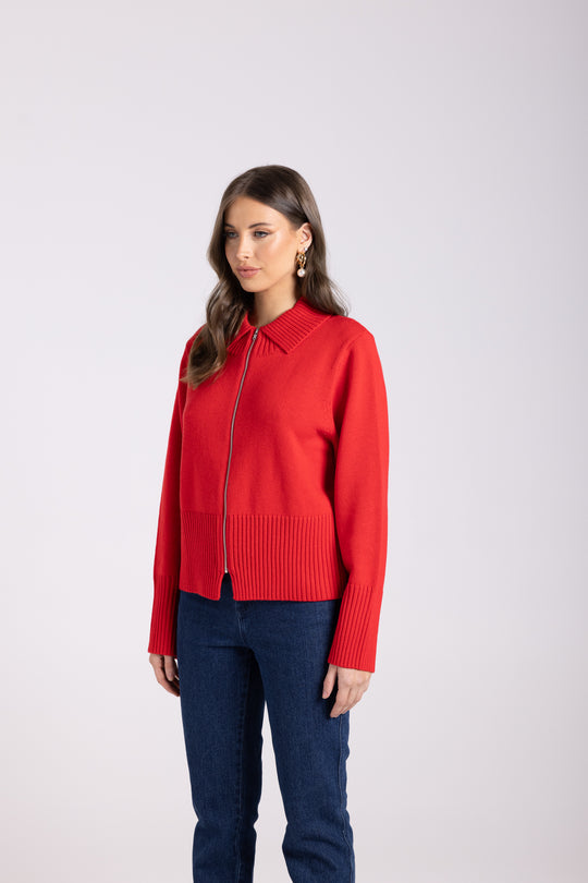Two T's - Zip Through Merino/Cotton Cardigan- Poppy