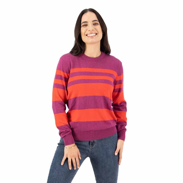 Vassalli - Stripe Round Neck Knit Sweater - Magenta