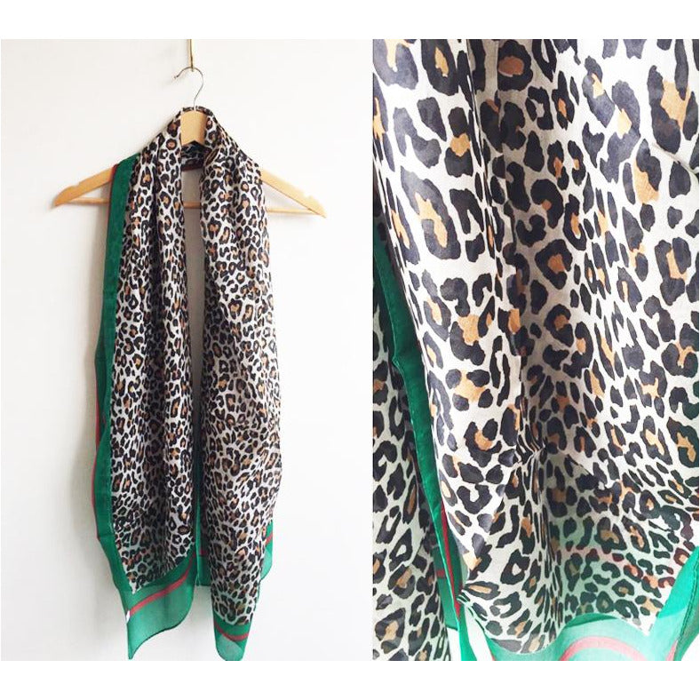 Leopard Print Green Border Silk Scarf