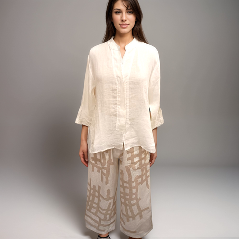 CCB - Linen Wide Pant Free Check Pattern-Beige