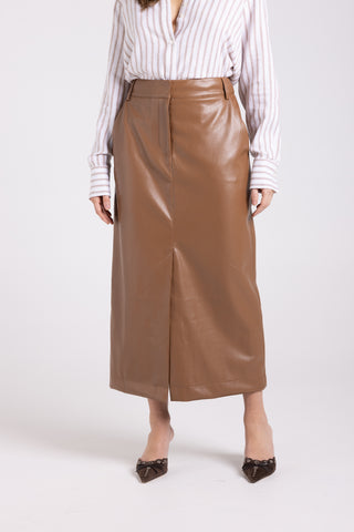 Two T's - Faux Leather Column Skirt-Camel