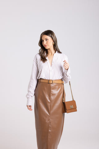 Two T's - Faux Leather Column Skirt-Camel