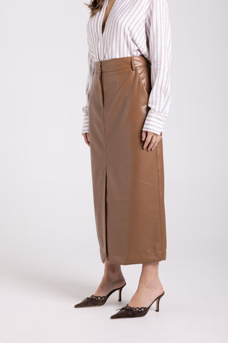 Two T's - Faux Leather Column Skirt-Camel