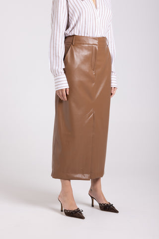 Two T's - Faux Leather Column Skirt-Camel