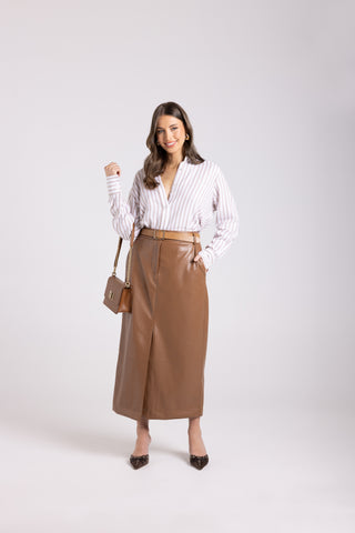 Two T's - Faux Leather Column Skirt-Camel