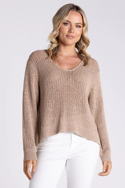 Two T's - Tape Yarn V Neck Sweater-Sand