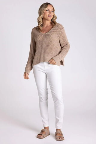 Two T's - Tape Yarn V Neck Sweater-Sand
