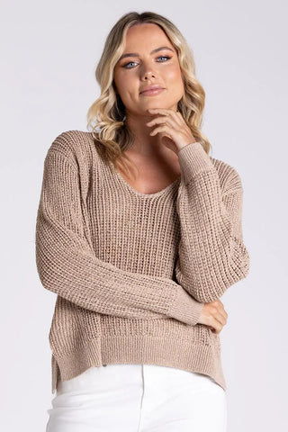 Two T's - Tape Yarn V Neck Sweater-Sand