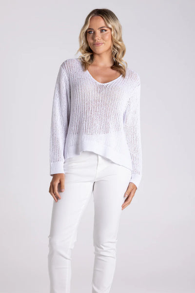 Two T's - Tape Yarn V Neck Sweater-White