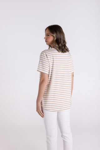 Two T's - Embroidery Logo Stripe Crew-Sand/White