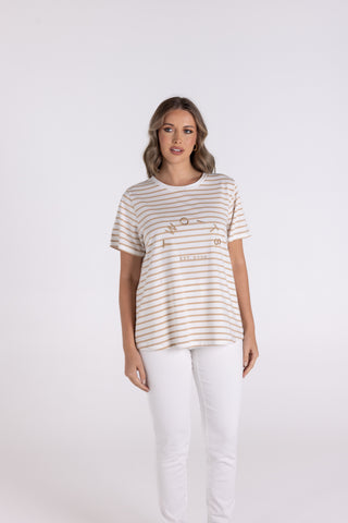 Two T's - Embroidery Logo Stripe Crew-Sand/White