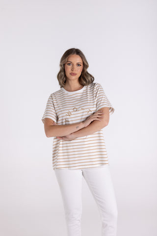 Two T's - Embroidery Logo Stripe Crew-Sand/White