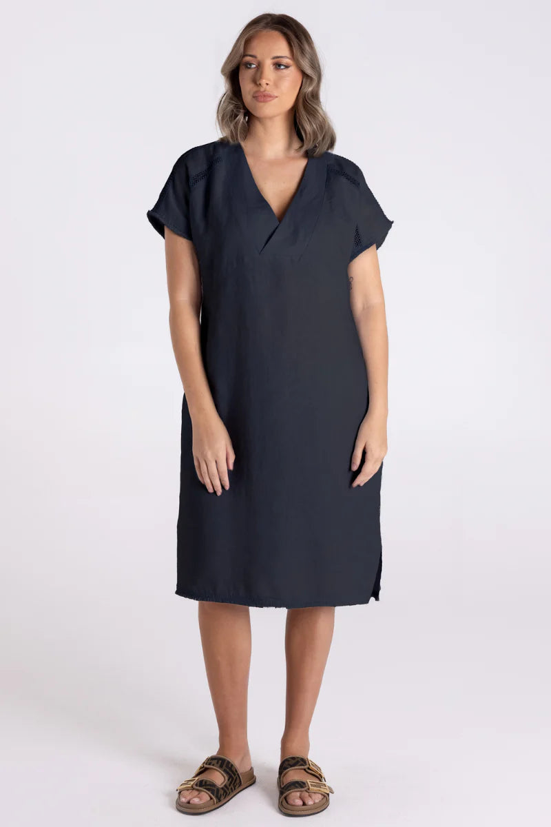 Two T's - Linen Dress with Fringe Detail-Charcoal