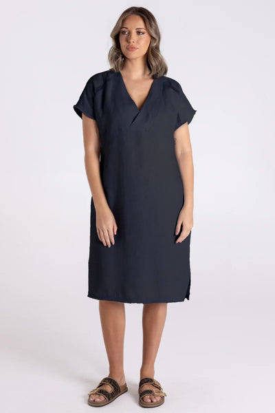 Two T's - Linen Dress with Fringe Detail-Charcoal