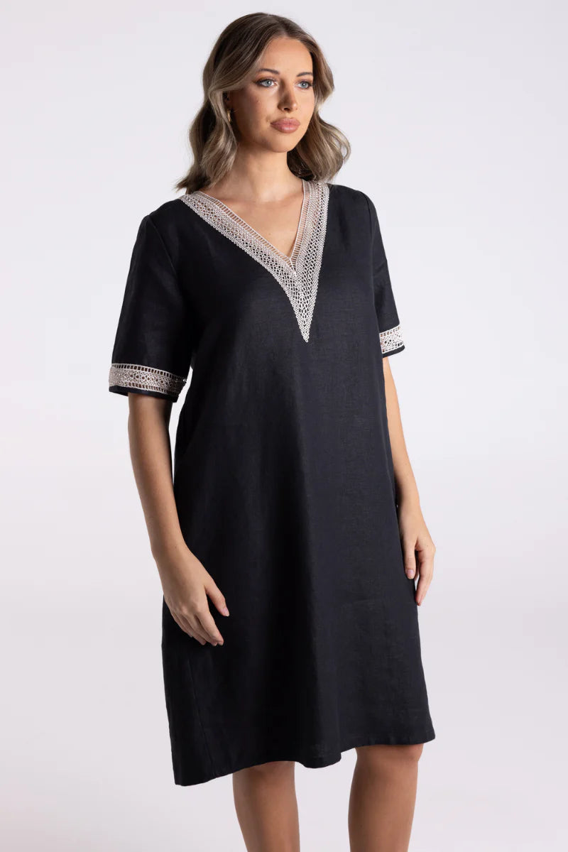 Two T's - V Neck Dress with Lace Detail-Black/ Natural