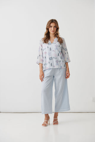 Holmes & Fallon - V Neck Embroidered Top -  Blue