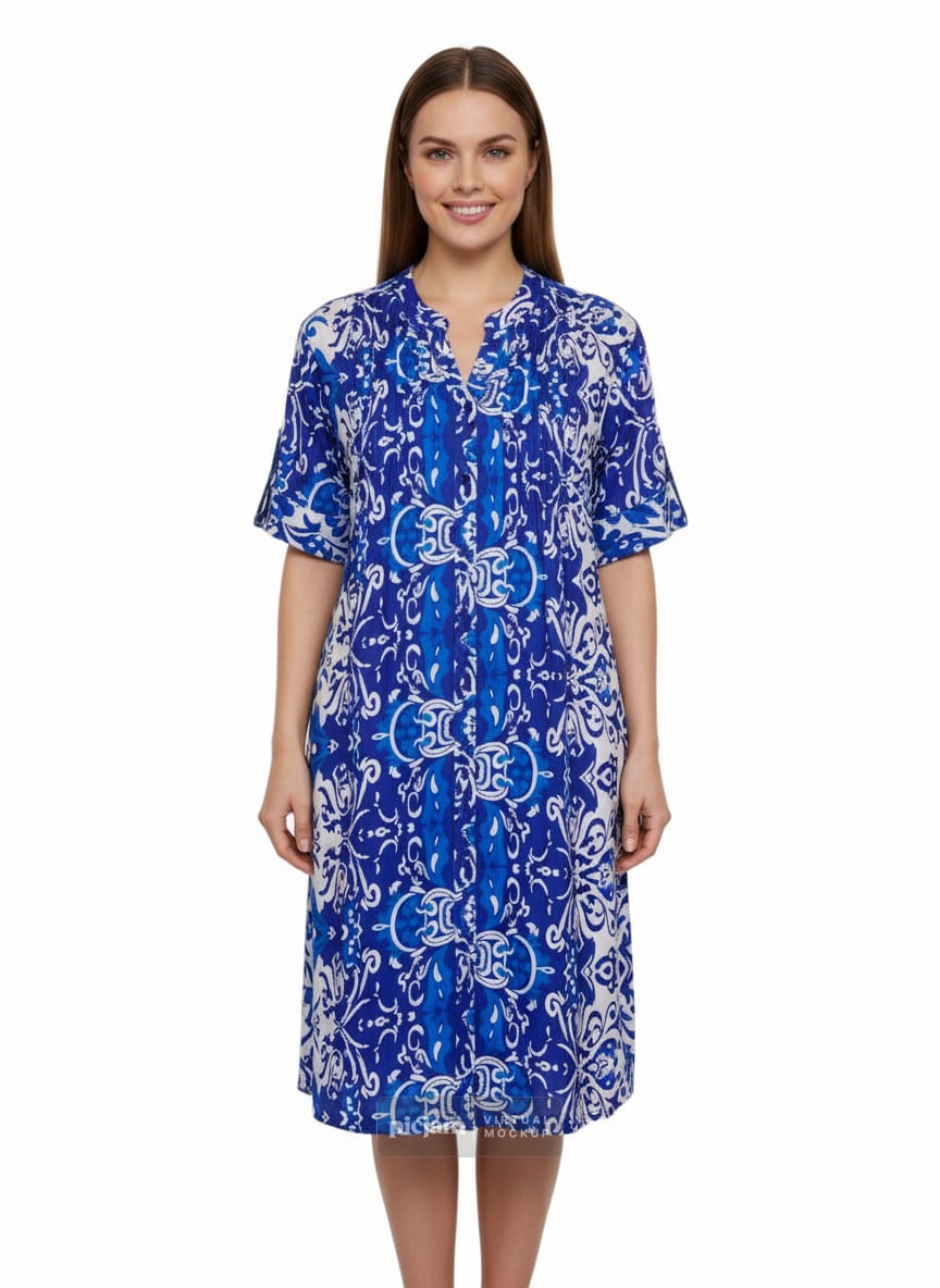 Saint Lori - Cuffed Sleeve Button Front Dress-Blues