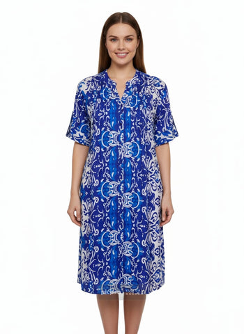 Saint Lori - Cuffed Sleeve Button Front Dress-Blues