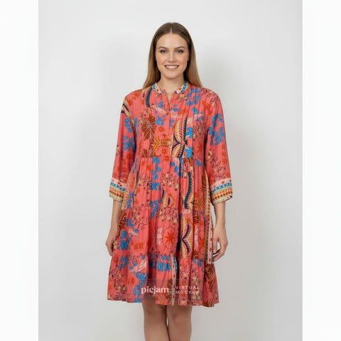 Saint Lori - 3/4 Sleeve Coral Print Dress