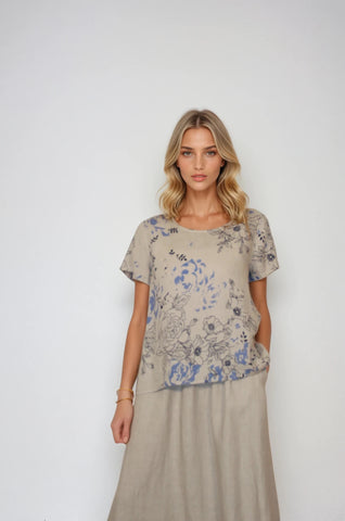 Blueberry Italia - Rose Print Top-Beige