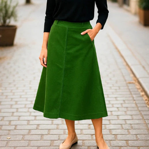 Equinox - Slant Pocket A-Line Cord Skirt-Green