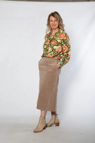 Equinox - Slant Pocket A-Line Cord Skirt-Latte