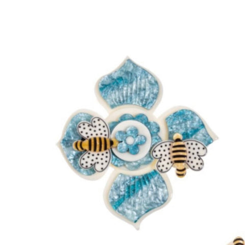 Blue Scarab - Bijou Acrylic Bees & Flower Brooch-Blue