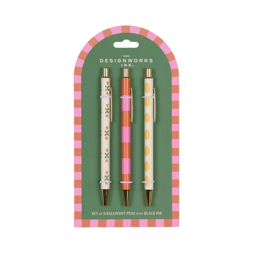 Designworks Ink - A Dopo Set of 3 Ballpoint Pens-Flower, Stripe, Lemon
