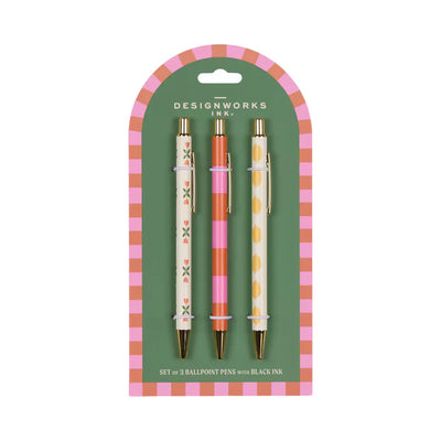 Designworks Ink - A Dopo Set of 3 Ballpoint Pens-Flower, Stripe, Lemon