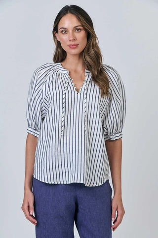 Naturals by O&J - Linen Short Sleeve Tie Top-Blueberry Stripe