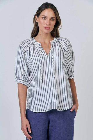 Naturals by O&J - Linen Short Sleeve Tie Top-Blueberry Stripe