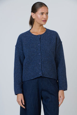 O&J - Fluffy Button Detail Knit Cardi-Bluestone