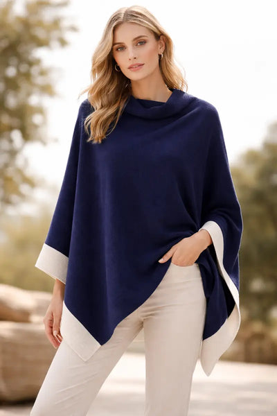 Zura - Border Poncho-Navy/ Grey