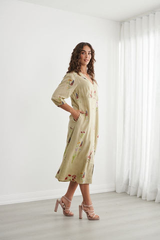 Caju - Bouquet Print Button Through Dress - Pistachio