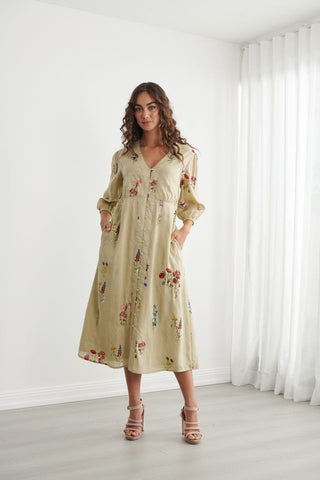 Caju - Bouquet Print Button Through Dress - Pistachio