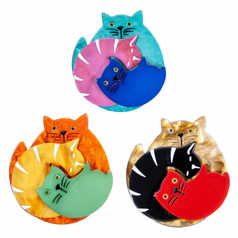 Blue Scarab - Statement Acrylic Cat Trio Brooch-Teal Pink Cobalt