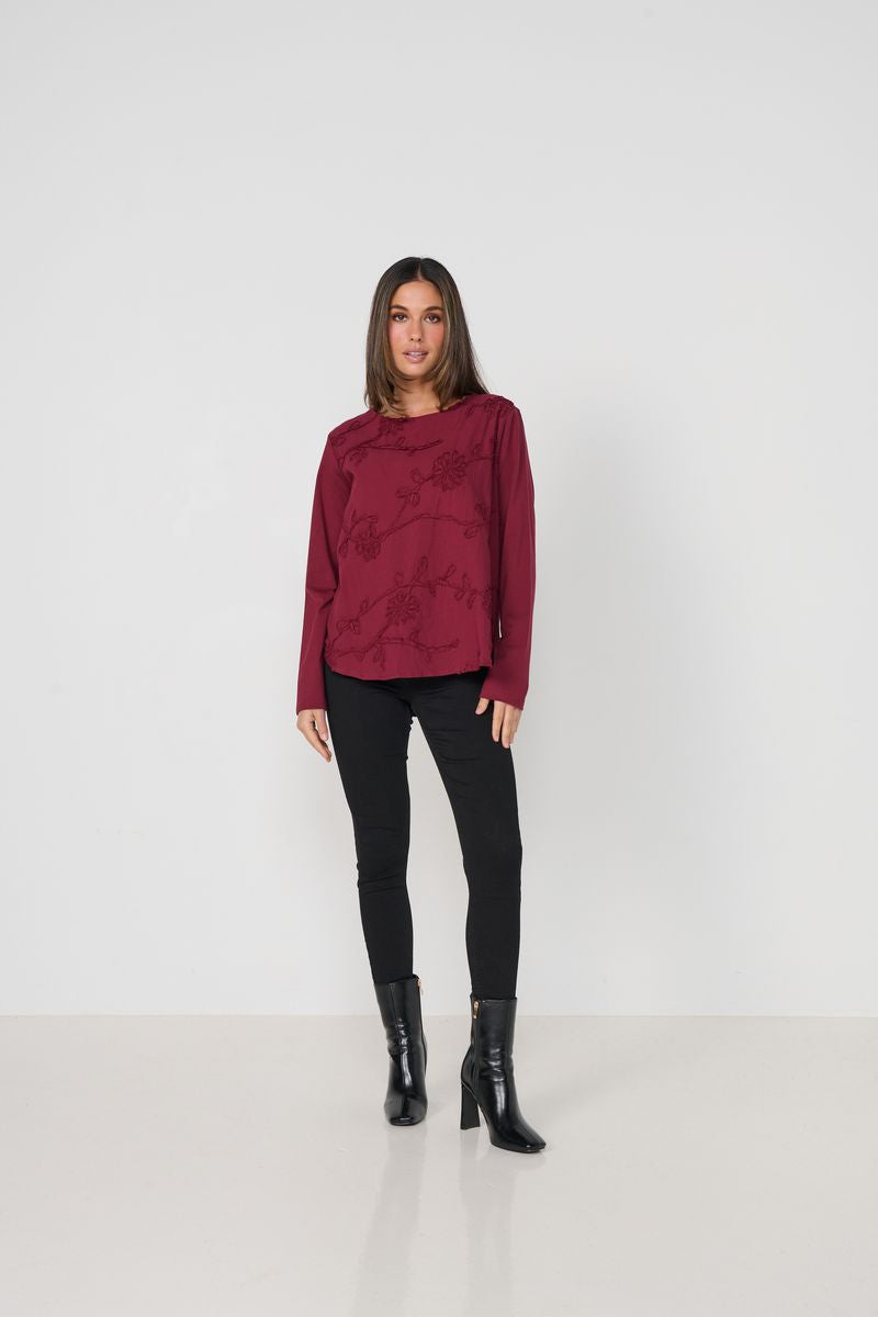 Caju - Floral Applique Front Panel Top-Ruby