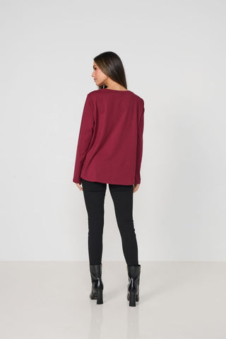 Caju - Floral Applique Front Panel Top-Ruby