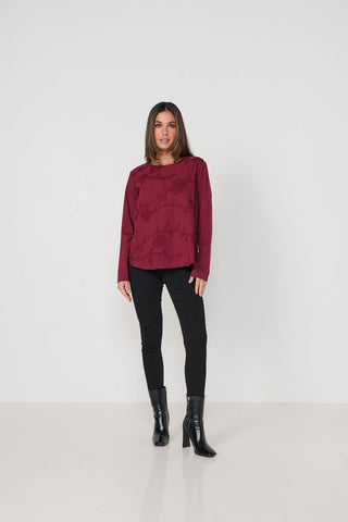 Caju - Floral Applique Front Panel Top-Ruby