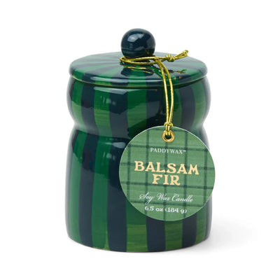 Paddywax - Cabana Balsam Fir Holiday Candle-Green/ Navy Stripe