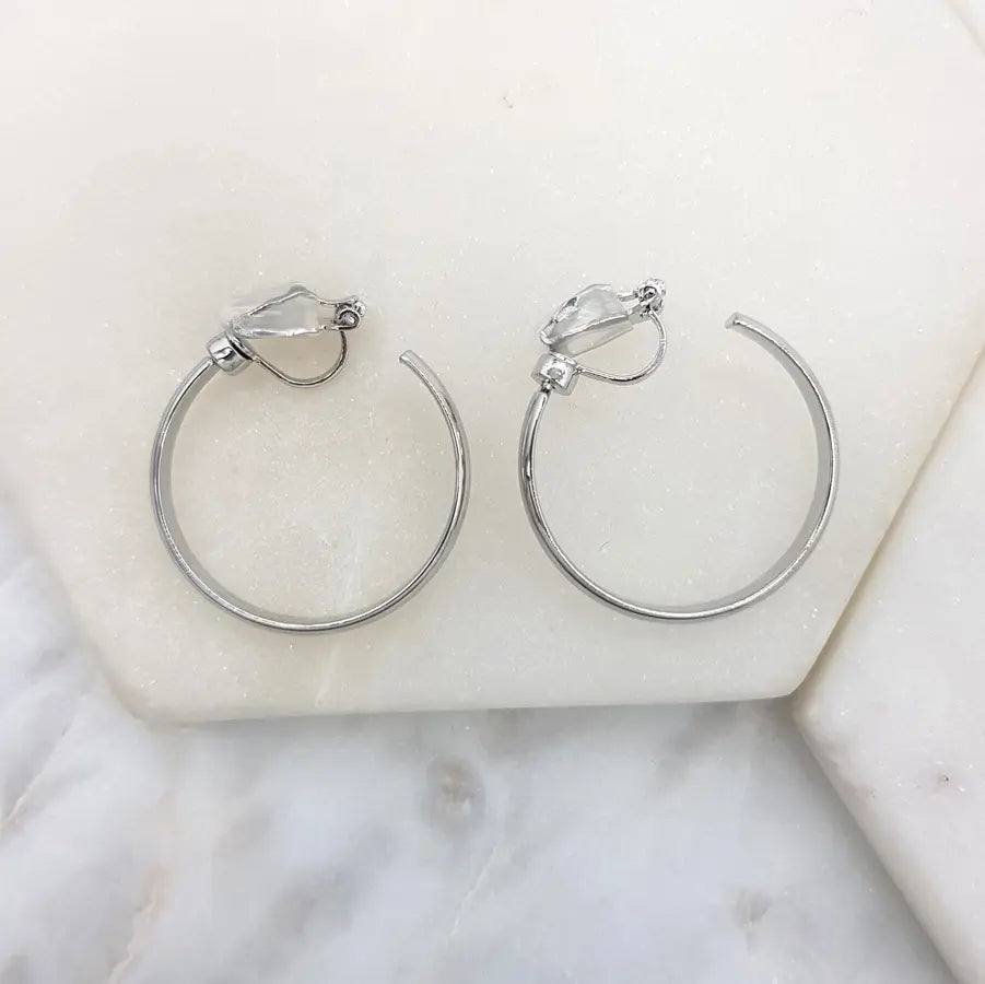 Chrysalini - Clip On Hoop Earrings-Silver Finish