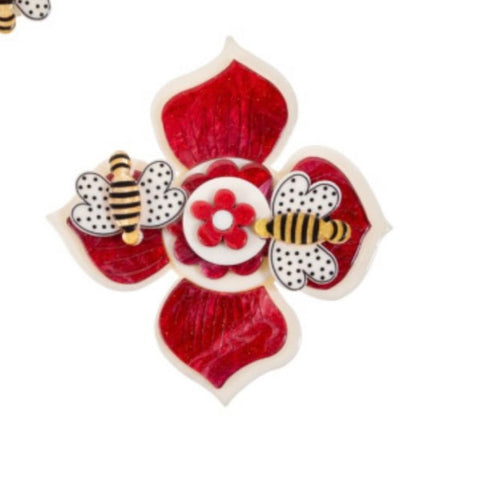 Blue Scarab - Bijou Acrylic Bees & Flower Brooch-Red