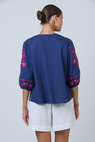 Namastai - Embroidered Sleeve Cotton Top-Ink