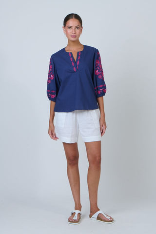 Namastai - Embroidered Sleeve Cotton Top-Ink